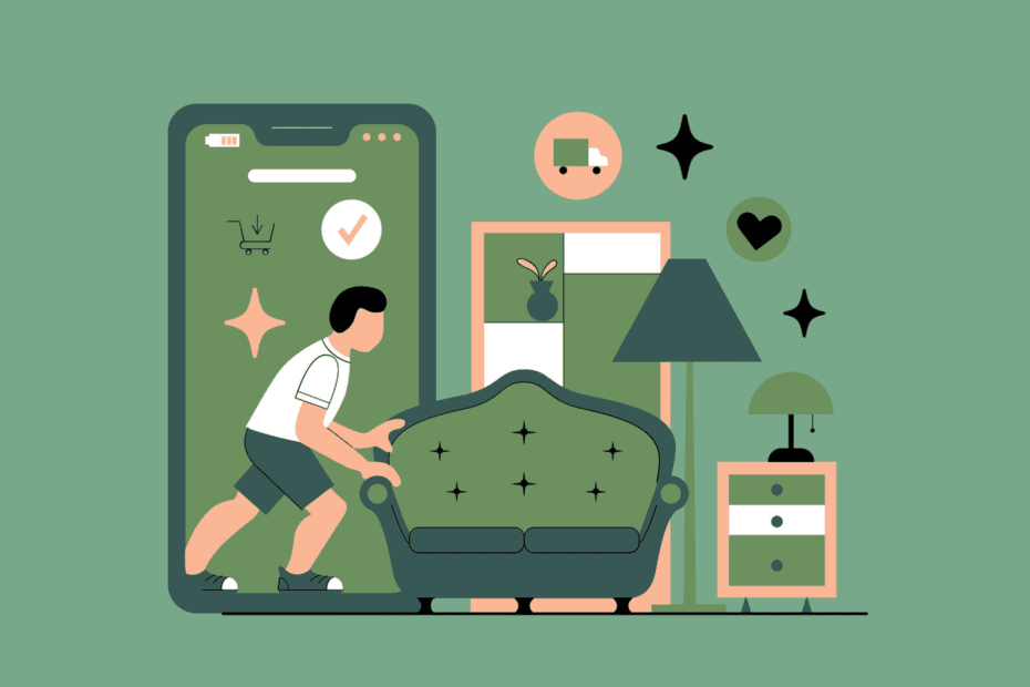 Illustration eines Mannes, der eine Couch aus dem Smartphone in sein Wohnzimmer schiebt in grün