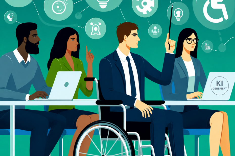 Illustration eines inklusiven Teams bei der digitalen Zusammenarbeit mit Laptops; ein Mann im Rollstuhl präsentiert eine Idee, umgeben von Symbolen für Innovation, Vernetzung, Technik und Barrierefreiheit. Auf dem rechten Laptop ist das Zeichen „KI GENERIERT“ sichtbar.
