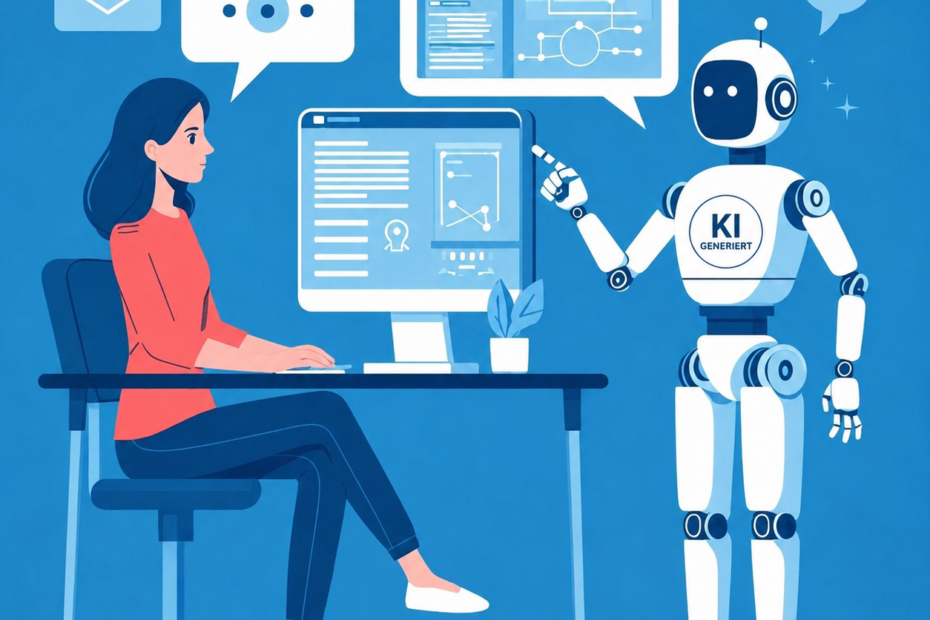 Illustration einer Frau, die am Computer arbeitet und mit einem humanoiden Roboter über digitale Inhalte und KI zusammenarbeitet. Der Roboter zeigt auf einen Bildschirm und trägt das sichtbare Zeichen „KI GENERIERT“ auf seiner Brust.