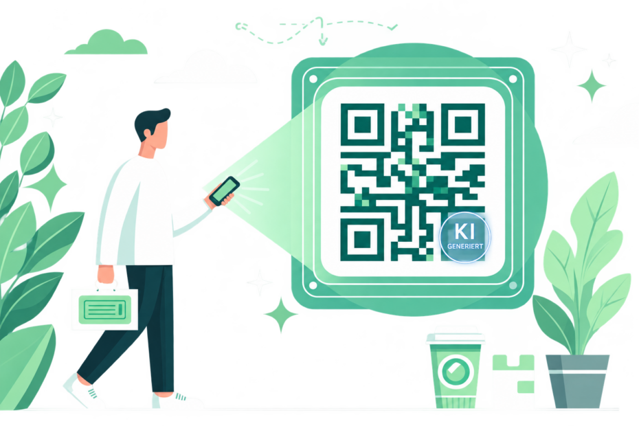 Illustration eines Mannes, der mit einem Smartphone einen großen QR-Code scannt. Der QR-Code ist von digitalen und natürlichen Elementen umgeben und trägt unten rechts ein transparentes, leicht bläuliches „KI GENERIERT“-Wasserzeichen.