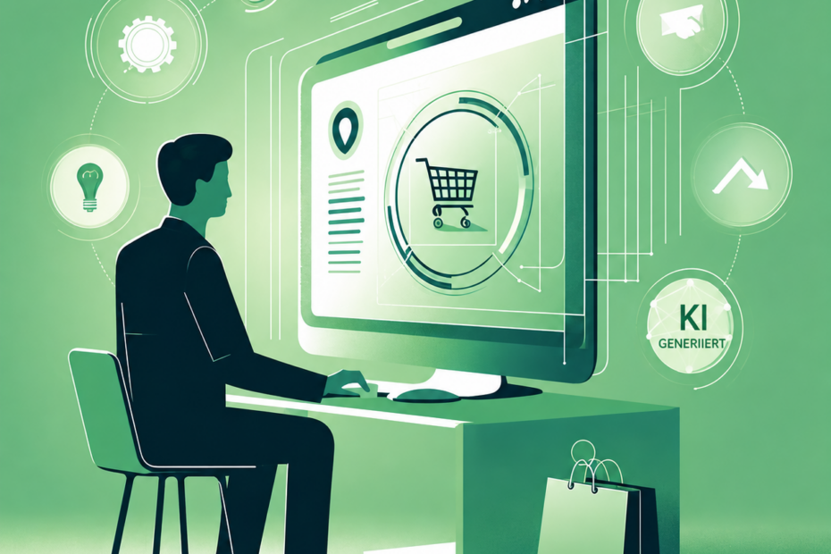 Illustration eines Mannes, der an einem Computer mit einer digitalen Einkaufsoberfläche arbeitet. Um den Bildschirm schweben Symbole für Technologie, Einstellungen, Ideen und Analysen; rechts unten ist ein „KI GENERIERT“-Wasserzeichen zu sehen.