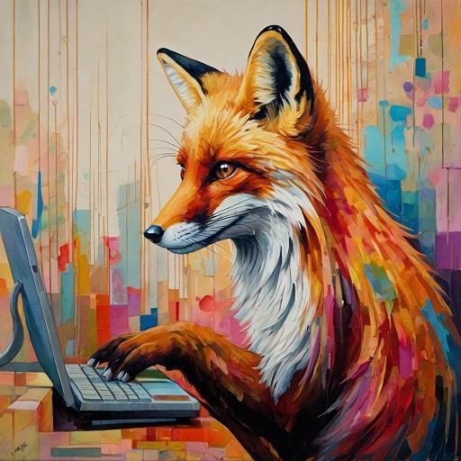 Fuchs am Laptop, bunte Farbtupfer