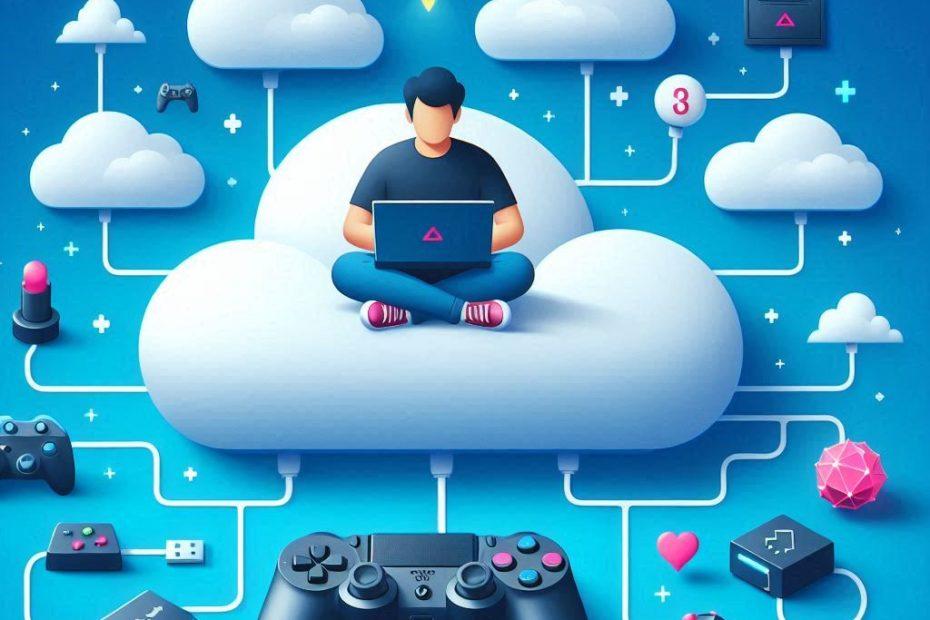 “A digital illustration of a person immersed in a virtual reality experience. They are sitting cross-legged on a cloud. Various gaming icons, such as a joystick, game controller, rocket ship, heart symbol, diamond shape, and three-dimensional shapes like cubes and pyramids, are floating around them. The scene is scattered with smaller clouds, symbolizing the concept of cloud gaming or the immersive experience of modern virtual reality environments.”