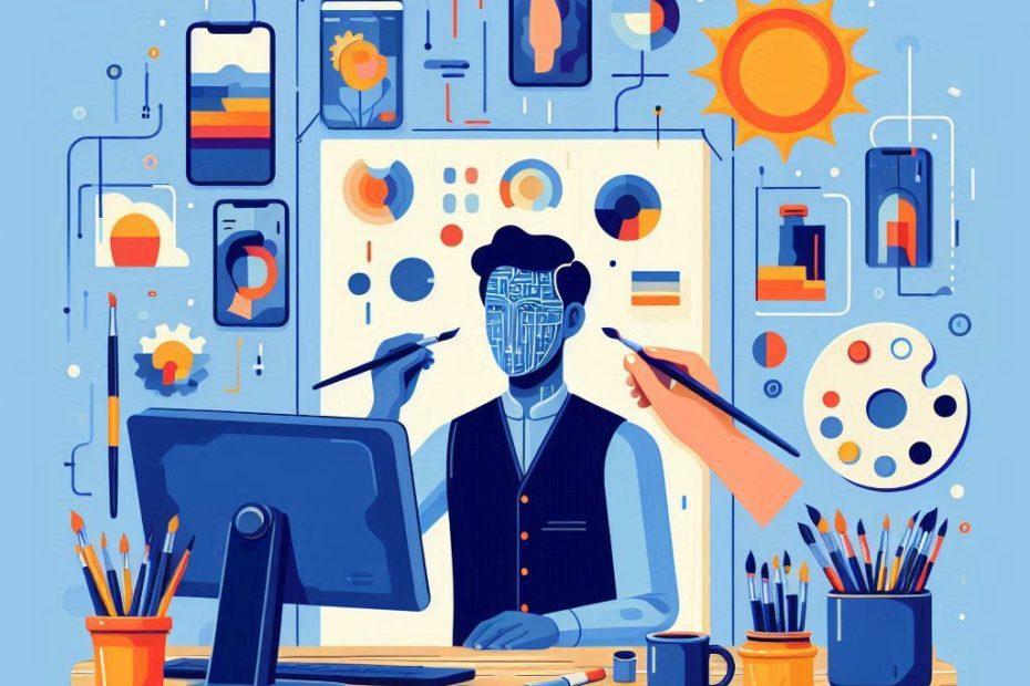 A modern, minimalist illustration showing a person in a painter's outfit interacting with AI. this person is sitting at a desk with a computer and several screens, with a color mixing palette, brushes, painter's rags. the AI then creates a creative image according to the specifications: Nature painting with sunset. The background is plain blue. The style is simple, with clear lines and flat colors. The face is not recognizable.