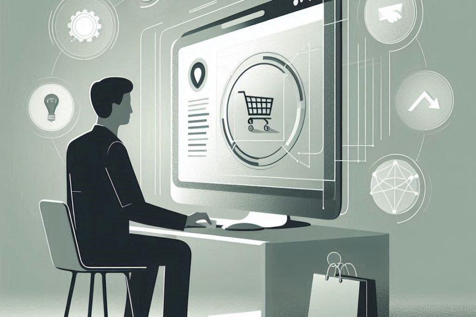 Mensch vorm Computer und tätigt eine Online-Bestellung, spiegelt den Kaufmann im E-Commerce wider