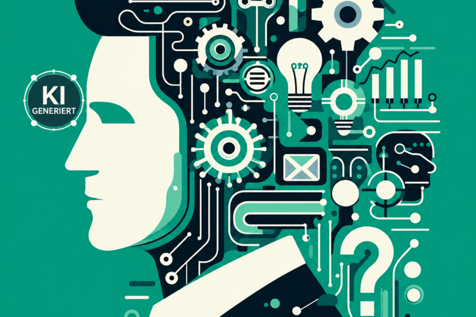 Illustration eines menschlichen Profils, das mit digitalen Schaltkreisen, Zahnrädern, Glühbirnen, Diagrammen und weiteren Symbolen für künstliche Intelligenz und Technologie verbunden ist. Links neben dem Gesicht befindet sich ein sichtbares „KI GENERIERT“-Wasserzeichen.