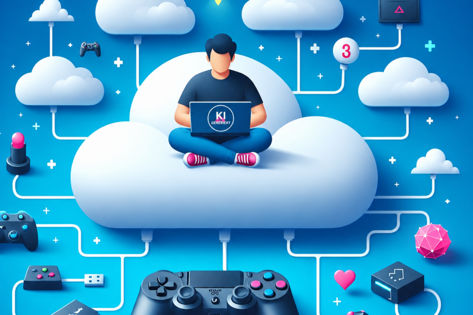 Illustration eines Gamers, der mit einem Laptop auf einer großen Wolke sitzt. Rundherum sind weitere Wolken, Spielkonsolen, Controller und digitale Symbole miteinander vernetzt. Auf dem Laptop ist ein sichtbares „KI GENERIERT“-Wasserzeichen zu sehen.