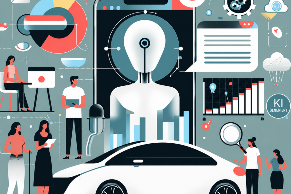Illustration eines intelligenten Fahrzeugs mit KI-Technologie, umgeben von digitalen Diagrammen, Daten, Symbolen und vernetzten Anwendungen. Im Mittelpunkt steht ein humanoider KI-Roboter; rechts neben einem Balkendiagramm befindet sich das „KI GENERIERT“-Wasserzeichen.
