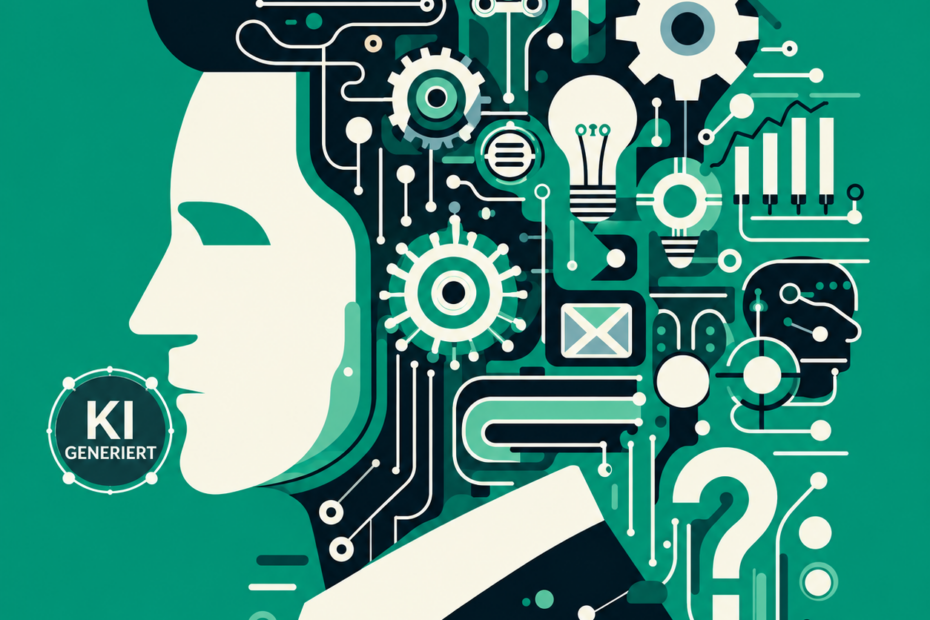 Illustration eines menschlichen Profils mit integrierten digitalen Schaltkreisen, Zahnrädern, Diagrammen, Glühbirnen und weiteren Symbolen für künstliche Intelligenz und Technologie. Vor dem Mund befindet sich ein sichtbares „KI GENERIERT“-Wasserzeichen.