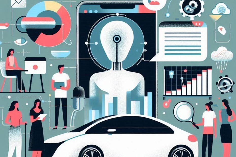 A modern, minimalist illustration showing a diverse group of people engaging with artificial intelligence technology. One person is interacting with a voice assistant, another is observing a self-driving car, and a third is analyzing predictive analytics on a computer screen. The illustration reflects the potential of AI to change lives, with a balanced representation of both opportunities and risks. The background is a solid color, and the style is simple with clean lines and flat colors