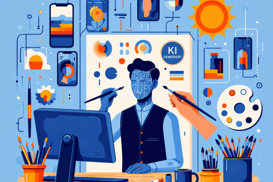 Illustration eines digitalen Kreativstudios mit einem KI-inspirierten Designer am Computer, umgeben von Smartphones, Diagrammen, Pinseln und Farbpaletten. Über dem Kopf befindet sich auf der weißen Gestaltungsfläche ein sichtbares „KI GENERIERT“-Wasserzeichen.