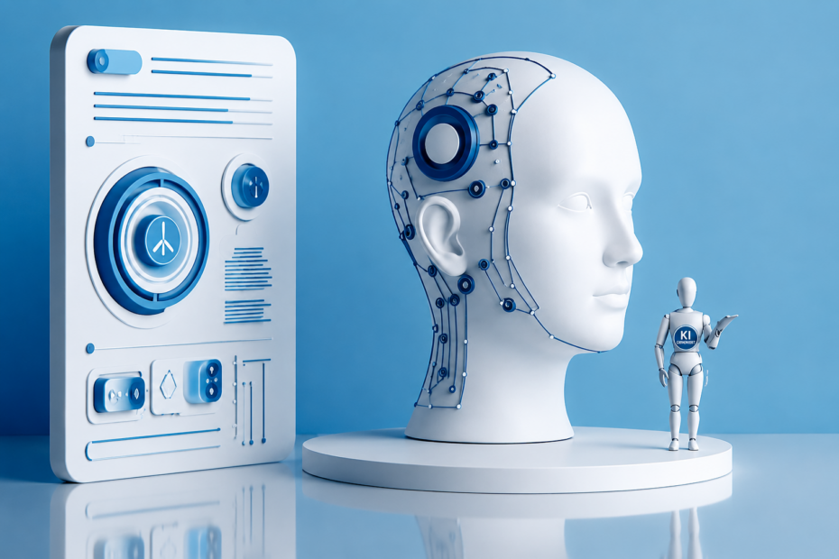Futuristische 3D-Illustration eines KI-Systems mit einem großen, technisch vernetzten Roboterkopf auf einem Podest, einer digitalen Steuerungsoberfläche und einer kleinen humanoiden Roboterfigur. Auf der Brust der kleinen Roboterfigur ist ein sichtbares „KI GENERIERT“-Wasserzeichen platziert.