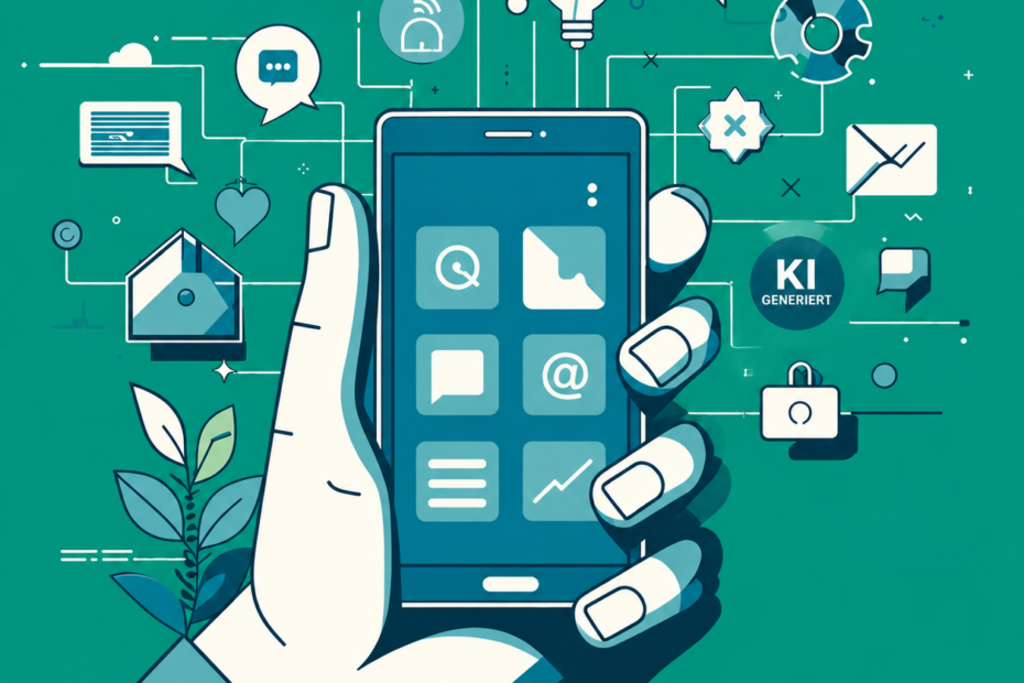 Illustration einer Hand, die ein Smartphone hält und von vernetzten Symbolen für Kommunikation, Technologie und digitale Anwendungen umgeben ist. Rechts neben dem Smartphone befindet sich ein sichtbares „KI GENERIERT“-Wasserzeichen.