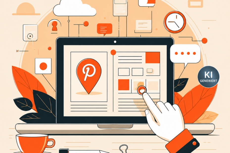Illustration eines Laptops mit einer digitalen Benutzeroberfläche und einem Pinterest-ähnlichen Symbol. Eine Hand bedient den Bildschirm, während rund um den Laptop Symbole für Cloud-Dienste, Kommunikation, Dokumente und digitale Anwendungen angeordnet sind. Rechts neben dem Laptop befindet sich auf der Spitze eines Blattes das „KI GENERIERT“-Wasserzeichen.