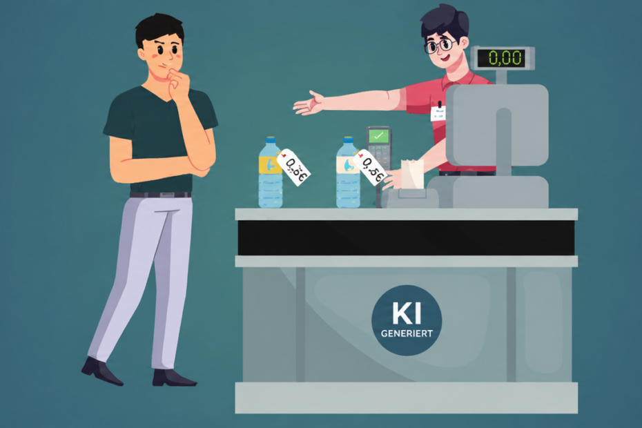 Illustration einer Kassensituation mit einem Kunden und einer Verkäuferin an einem Supermarktkassenbereich. Auf der Theke stehen zwei Wasserflaschen mit Preisangaben, daneben befinden sich ein Kassensystem und ein Zahlungsgerät. Auf der Vorderseite der Kasse ist das sichtbare „KI GENERIERT“-Wasserzeichen platziert.
