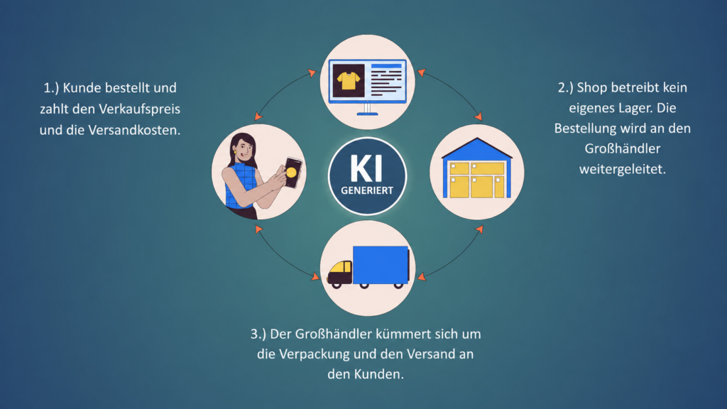 Infografik zum Ablauf eines Dropshipping-Prozesses mit drei Schritten: Der Kunde bestellt und bezahlt, der Shop leitet die Bestellung an den Großhändler weiter, und dieser übernimmt Verpackung und Versand. In der Mitte des Kreislaufs befindet sich ein sichtbares „KI GENERIERT“-Wasserzeichen.
