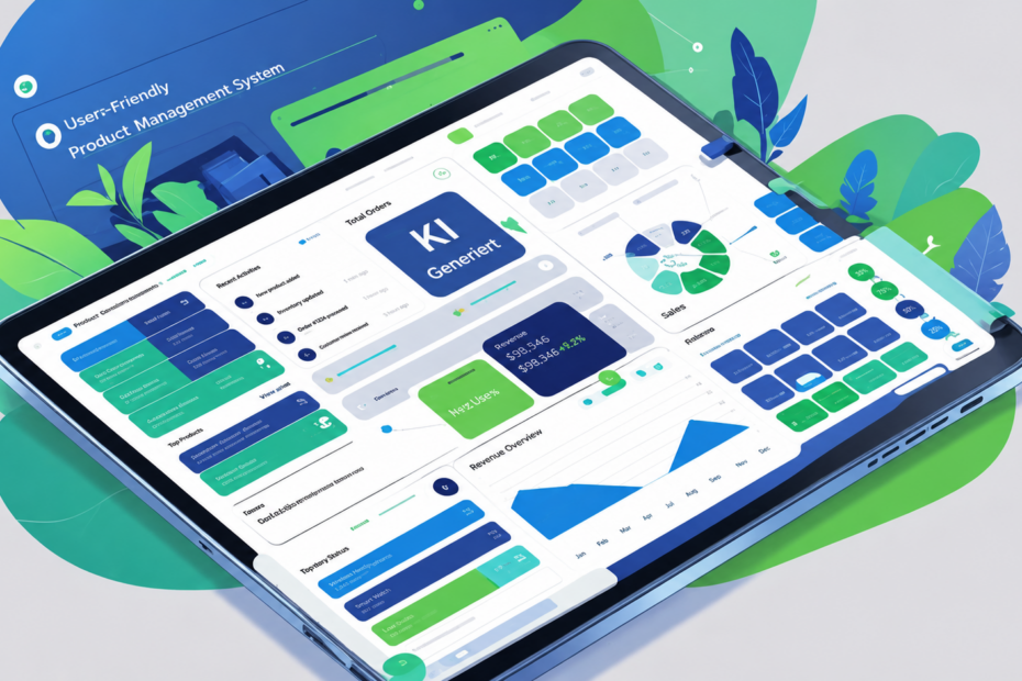 Illustration eines Tablets mit einer modernen Produktmanagement-Oberfläche, die verschiedene Daten, Verkaufszahlen, Diagramme und Übersichten darstellt. Auf dem Bildschirm befindet sich ein sichtbares „KI GENERIERT“-Wasserzeichen; im Hintergrund sind grüne und blaue grafische Blätter und Formen angeordnet.