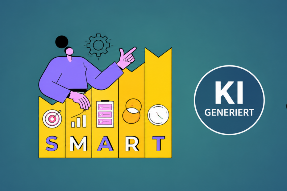 Illustration zum Thema „Work Smart“ mit einem lesenden Gehirn mit Doktorhut, einem SMART-Diagramm mit aufsteigenden Stufen und einer Person mit Buch und Glühbirne als Symbol für neue Ideen. Zwischen dem SMART-Diagramm und der Person befindet sich ein sichtbares „KI GENERIERT“-Wasserzeichen.
