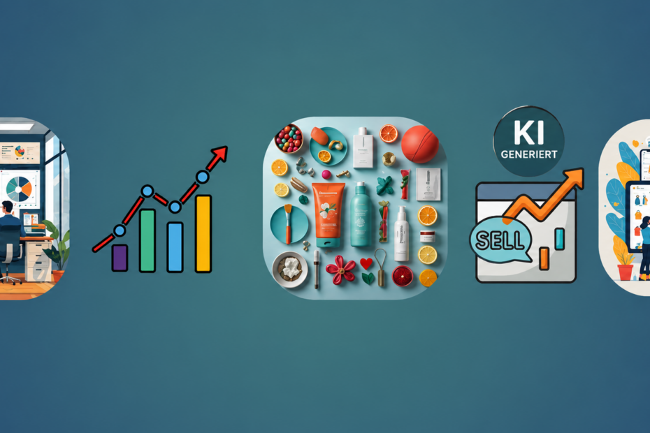 Illustration mit vier Motiven zu digitalem Marketing und E-Commerce: ein Büro mit Datenanalysen, ein Wachstumsdiagramm, eine Produktübersicht sowie ein Verkaufsdiagramm mit „SELL“-Symbol. Darüber befindet sich ein sichtbares „KI GENERIERT“-Wasserzeichen. Rechts ist eine digitale E-Commerce-Szene mit Online-Shop, Produkten und Personen dargestellt.