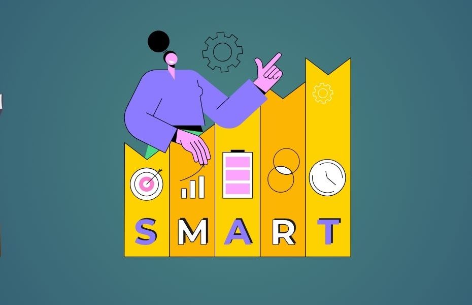 Blogbild SMART-Methode, zeigt Gehirn mit SMART-Methode-Schriftzug, ansteigenden Kurvenverlauf zu SMART, Frau mit Buch und Glühbirne
