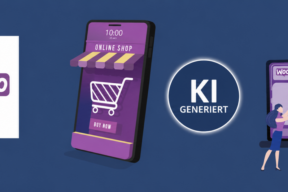 Illustration zu WordPress und WooCommerce mit einem Online-Shop auf einem Smartphone sowie einer digitalen WooCommerce-Oberfläche mit Programmier- und Webdesign-Elementen. Zwischen dem Smartphone und der rechten Grafik befindet sich ein sichtbares „KI GENERIERT“-Wasserzeichen.