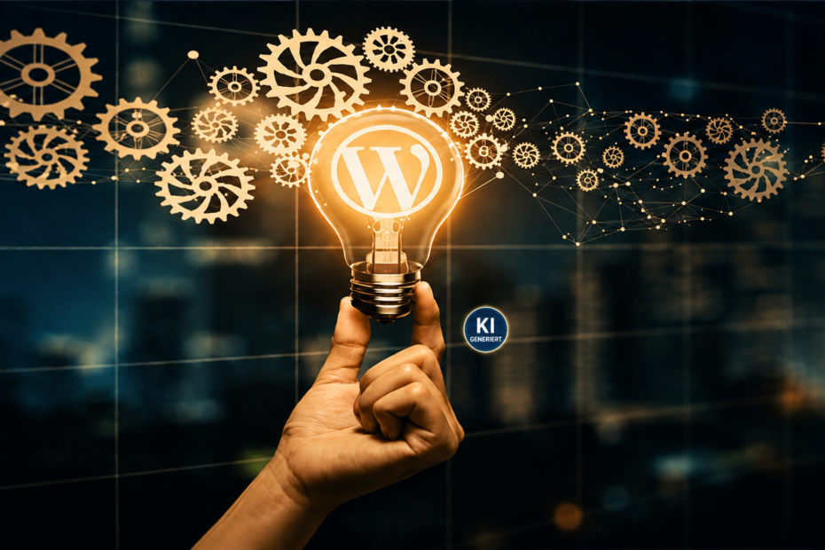 Futuristische Darstellung einer leuchtenden Glühbirne mit WordPress-Symbol, die von zwei Fingern gehalten wird. Um die Glühbirne schweben goldene Zahnräder und digitale Vernetzungen als Symbol für Technologie und Innovation. Rechts neben der Glühbirne befindet sich ein kleines „KI GENERIERT“-Wasserzeichen.