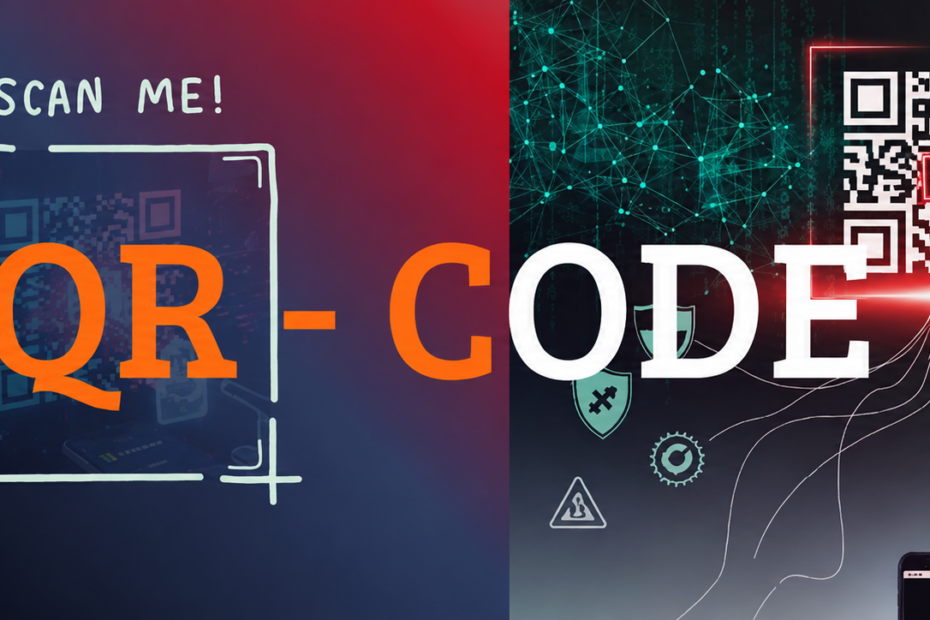 Banner zum Thema QR-Codes und künstliche Intelligenz: Links steht ein leuchtendes „KI GENERIERT“-Symbol neben dem Schriftzug „QR-CODE“. Rechts ist ein futuristisch gestalteter QR-Code mit roten und türkisfarbenen Netzwerkelementen sowie Symbolen für digitale Sicherheit, Datenschutz und Technologie zu sehen.