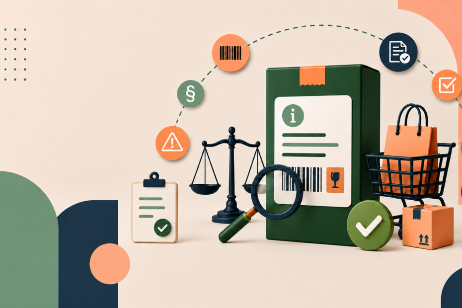 Illustration zum Thema Produktsicherheit und rechtliche Konformität im Onlinehandel: Ein grünes Paket mit Produktinformationen, Barcode und Prüfsymbol steht im Mittelpunkt. Daneben sind eine Lupe, eine Waage, eine Checkliste und ein Einkaufswagen mit Paketen und Einkaufstasche dargestellt. Symbole für Warnhinweis, Paragraf, Barcode, Dokumentenprüfung, Freigabe und Sicherheit verdeutlichen die Prüfung und Einhaltung von Vorschriften. Die Gestaltung verwendet warme Beige-, Grün-, Orange- und Blautöne. Rechts neben dem Einkaufswagen befindet sich das Wasserzeichen "KI GENERIERT"