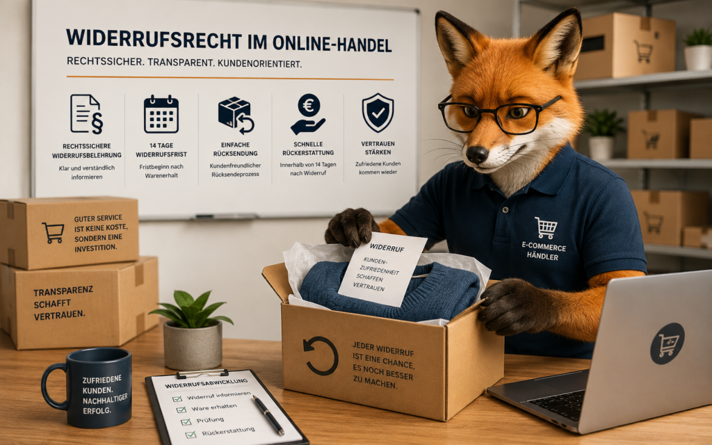 Foxy packt die Widerrufbelehrung in den Karton.