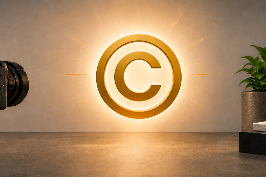 Professionelles KI-generiertes Produktfoto mit Kamera, Luxusuhr, Studiobeleuchtung und goldenem Copyright-Symbol auf einem warm beleuchteten Tisch.