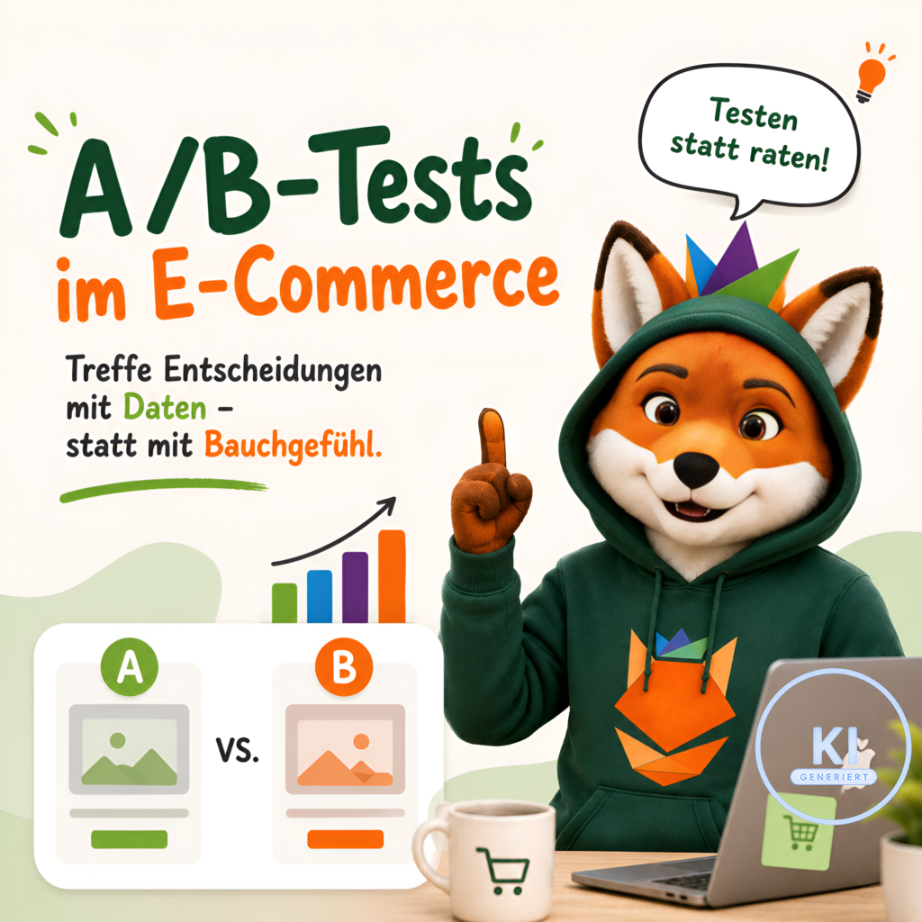 Infografik zum Thema „A/B-Tests im E-Commerce“. Im oberen Bereich steht die Überschrift „A/B-Tests im E-Commerce“ sowie der Hinweis „Treffe Entscheidungen mit Daten – statt mit Bauchgefühl.“ Rechts ist ein freundlicher Fuchs im grünen Hoodie abgebildet, der auf eine Sprechblase mit dem Text „Testen statt raten!“ zeigt. Im unteren Bereich werden zwei Varianten einer Produktdarstellung mit „A“ und „B“ gegenübergestellt. Daneben ist ein aufwärts gerichtetes Balkendiagramm zu sehen. Ein Laptop und eine Tasse mit Einkaufswagen-Symbol ergänzen die E-Commerce-Szene. Auf dem Laptop ist ein sichtbares „KI generiert“-Wasserzeichen platziert.