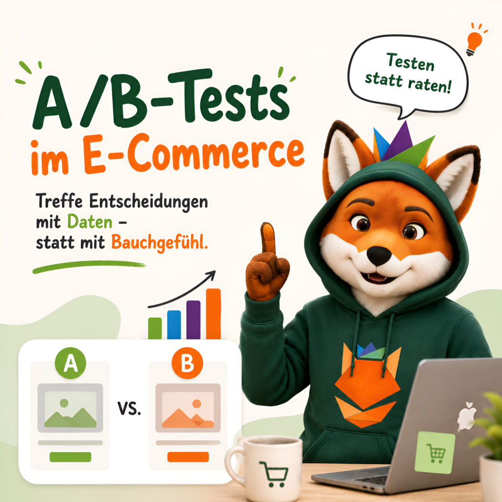 Titelgrafik zum Thema „A/B-Tests im E-Commerce“. Die Grafik zeigt einen animierten Fuchs im grünen Hoodie, der neben einem Laptop sitzt und mit erhobenem Finger auf das Thema aufmerksam macht. Die Überschrift lautet „A/B-Tests im E-Commerce“, ergänzt durch den Slogan: „Treffe Entscheidungen mit Daten – statt mit Bauchgefühl.“ Im unteren Bereich werden zwei Varianten einer Webseite (A und B) gegenübergestellt, um den Vergleich im A/B-Test zu verdeutlichen. Ein Balkendiagramm symbolisiert die Auswertung der Ergebnisse. In einer Sprechblase steht der Hinweis: „Testen statt raten!“. Die Gestaltung ist modern, freundlich und in Grün-, Orange- und Weißtönen gehalten.