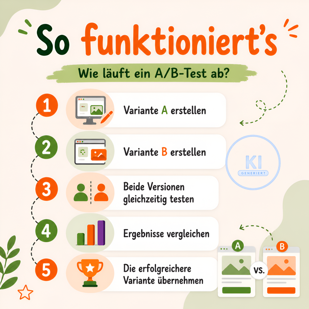 Infografik mit dem Titel „So funktioniert’s“ und der Unterüberschrift „Wie läuft ein A/B-Test ab?“. In fünf nummerierten Schritten wird der Ablauf eines A/B-Tests dargestellt: Variante A erstellen, Variante B erstellen, beide Versionen gleichzeitig testen, Ergebnisse vergleichen und die erfolgreichere Variante übernehmen. Die einzelnen Schritte sind mit Symbolen für Webseiten, Personen, ein Balkendiagramm und eine Trophäe veranschaulicht. Rechts befindet sich ein „KI generiert“-Wasserzeichen sowie eine Gegenüberstellung der Varianten A und B.