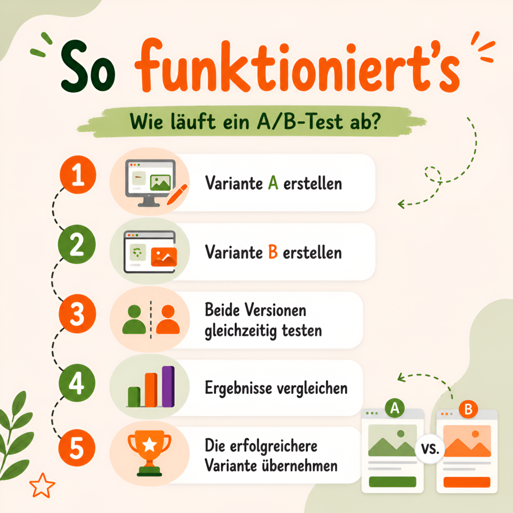 Infografik „So funktioniert's – Wie läuft ein A/B-Test ab?“ Die Grafik zeigt den Ablauf eines A/B-Tests in fünf Schritten: Variante A erstellen, Variante B erstellen, beide Versionen gleichzeitig testen, Ergebnisse vergleichen und die erfolgreichere Variante übernehmen. Jeder Schritt ist mit einer Nummer, einem passenden Symbol und einer kurzen Überschrift dargestellt. Rechts unten veranschaulichen zwei Webseiten-Varianten (A und B) den direkten Vergleich. Die Gestaltung ist in Grün-, Orange- und Weißtönen gehalten und vermittelt den Prozess eines A/B-Tests auf einen Blick.