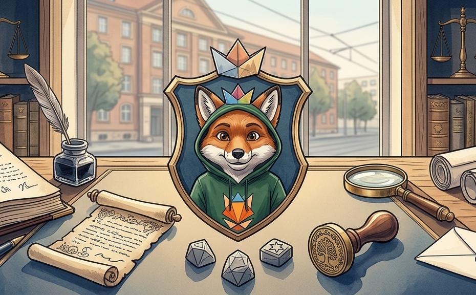 Illustrierte Schreibtischanlage im Vintage-Stil mit einem Fuchs-Wappen in der Mitte, umgeben von alten Büchern, Waagen der Gerechtigkeit und Pergamentrollen, die eine rechtliche und akademische Atmosphäre heraufbeschwören.