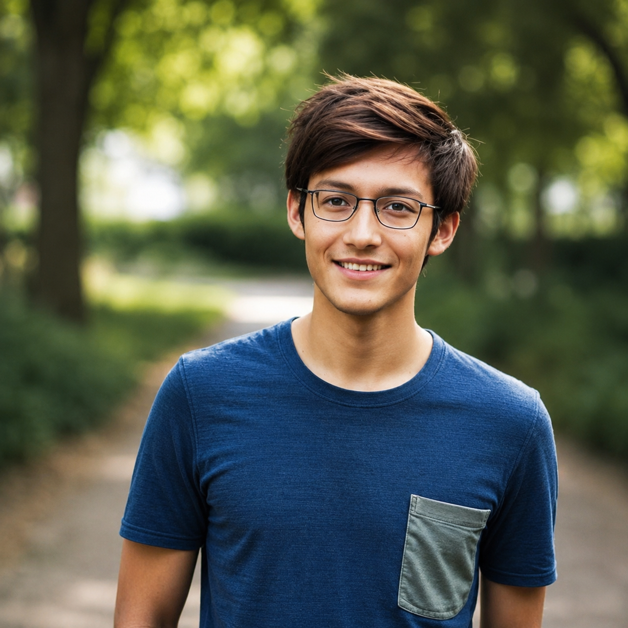 John Flemming, Azubi, Jugendlicher mit Brille, kurzen Haaren und blauem T-Shirt