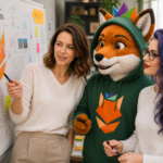 3 Mitarbeiter inklusive dem Maskottchen Foxy arbeiten an einem kreativen Konzept.