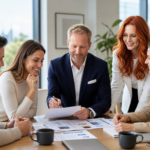 2 Mitarbeiter der Agentur stehen und sitzen am Tisch, gegenüber der Kunden und beraten diese.