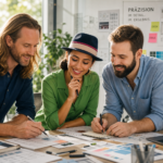 3 Personen arbeiten präzise an einem Projekt.