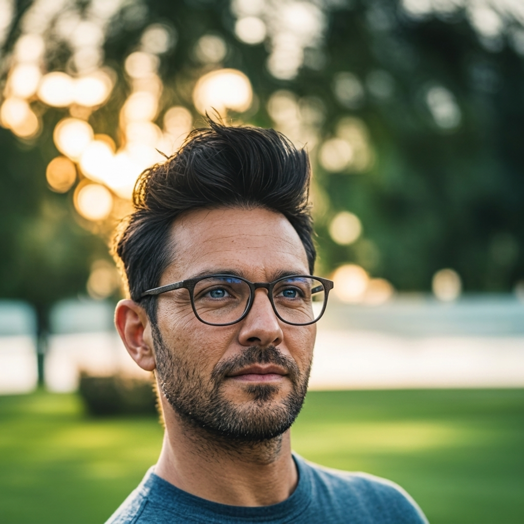 Charlie Malibu, Controlling, Mann mit gestylten schwarzen Haaren, leichtem Bartwuchs, schwarzer Brille und blau-grauem Shirt