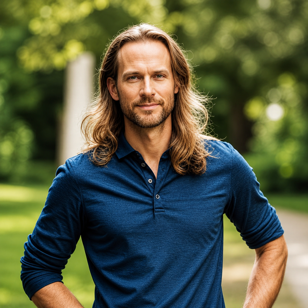 Darius Feuerbach, Projekt, Mann mit langem dunkelblonden Haar und leichtem Bartwuchs, dunkelblaues langärmliges Poloshirt