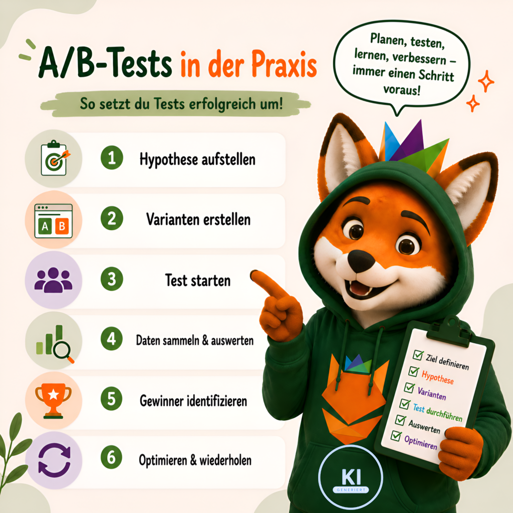 Infografik zum Thema „A/B-Tests in der Praxis“. Links werden sechs Schritte eines erfolgreichen A/B-Tests dargestellt: Hypothese aufstellen, Varianten erstellen, Test starten, Daten sammeln und auswerten, Gewinner identifizieren sowie optimieren und wiederholen. Rechts ist ein freundlicher Fuchs im grünen Hoodie zu sehen, der auf die einzelnen Schritte zeigt und ein Klemmbrett mit einer Checkliste hält. Eine Sprechblase enthält den Hinweis: „Planen, testen, lernen, verbessern – immer einen Schritt voraus!“. Unten am Hoodie befindet sich ein Hinweis „KI generiert“.