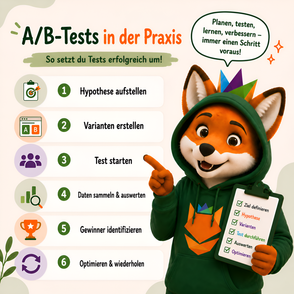 Infografik zum Thema „A/B-Tests in der Praxis“. Die Grafik zeigt sechs Schritte zur erfolgreichen Durchführung eines A/B-Tests: Hypothese aufstellen, Varianten erstellen, Test starten, Daten sammeln und auswerten, Gewinner identifizieren sowie Optimieren und wiederholen. Rechts steht ein freundlicher Fuchs im grünen Hoodie mit bunter Krone und Checkliste, der auf die Anleitung zeigt. Eine Sprechblase enthält den Hinweis: „Planen, testen, lernen, verbessern – immer einen Schritt voraus!“. Die Gestaltung verwendet überwiegend Grün-, Orange- und Lilatöne und vermittelt einen modernen, leicht verständlichen Überblick über den Ablauf von A/B-Tests.
