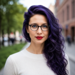Maggie Shepard, Projektleitung, junge Frau mit violetten langen Haaren, schwarzer Brille und weißem Pullover