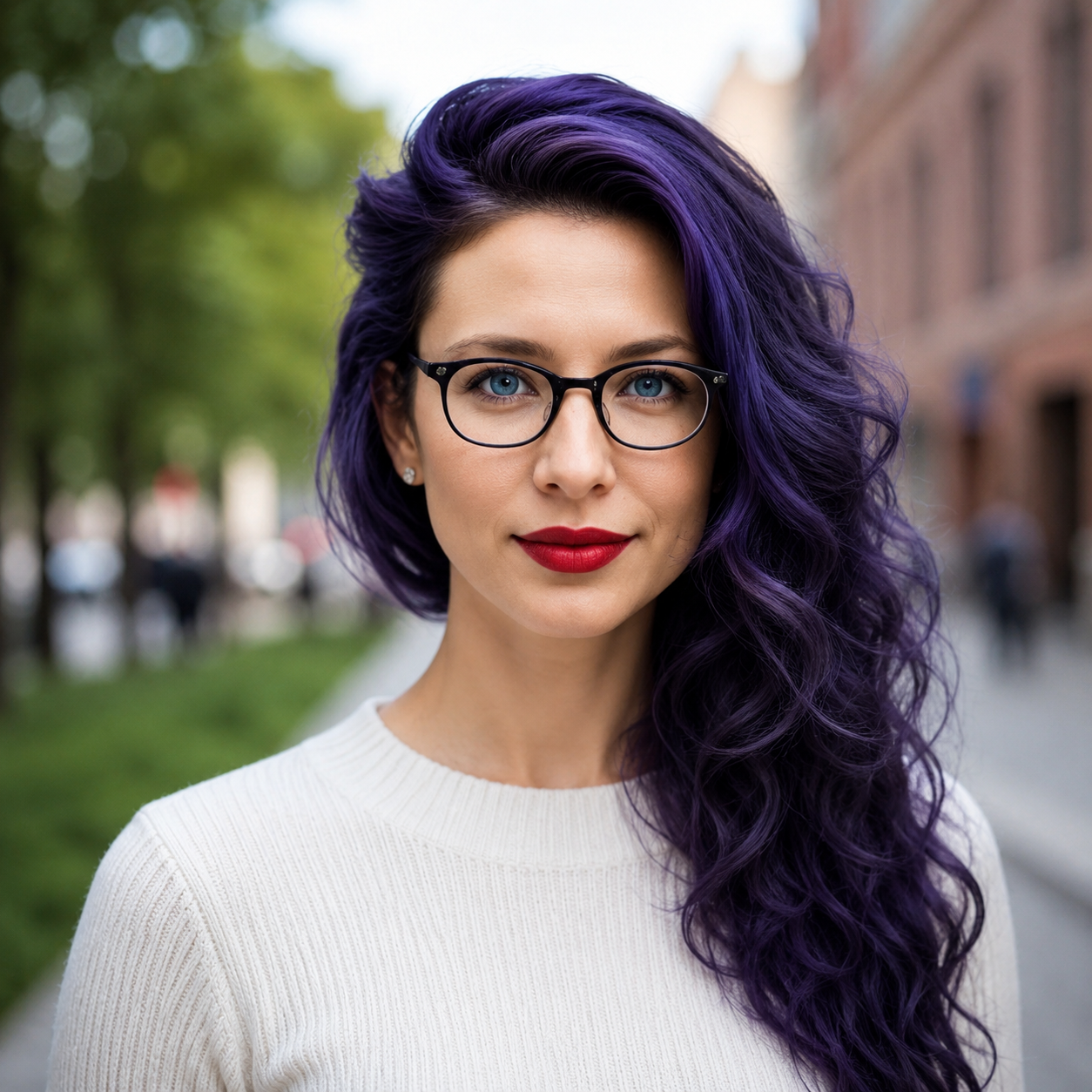 Maggie Shepard, Projektleitung, junge Frau mit violetten langen Haaren, schwarzer Brille und weißem Pullover