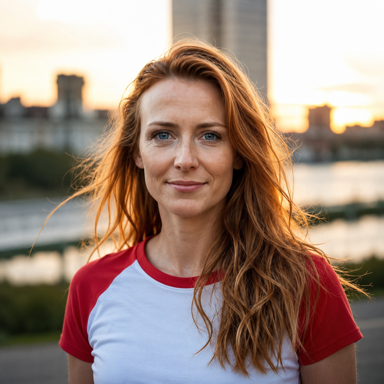 Melitta Bentz, Personal, Frau mit kupferfarbigem langen Haar und weiß-rotem T-Shirt