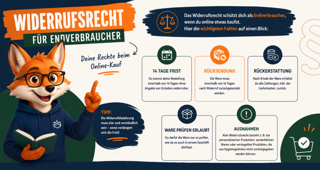 Foxy erklärt dir dein Widerrufsrecht.