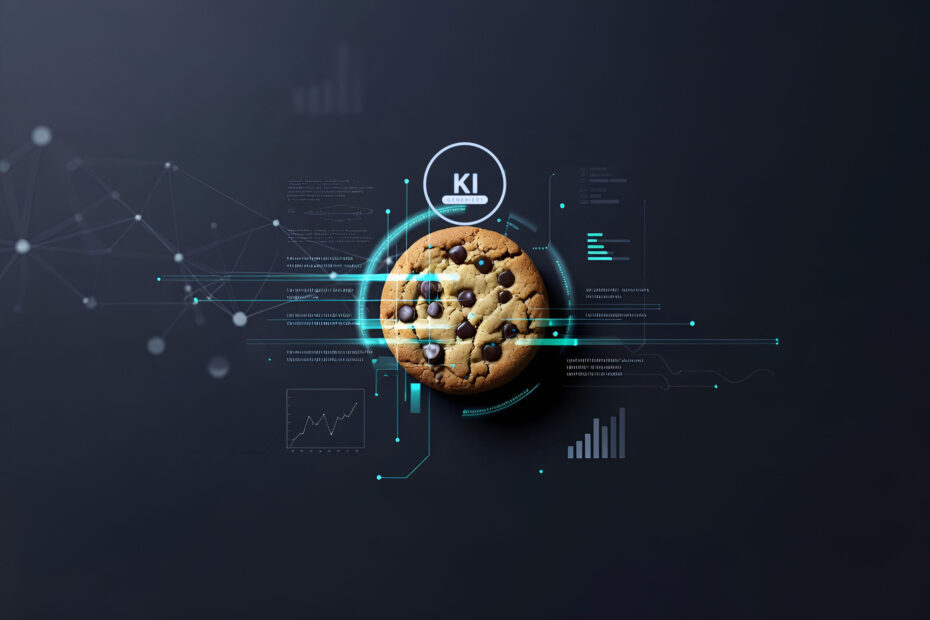 Digitale Illustration eines Schokoladenkekses als Symbol für Cookies und Online-Datenschutz. Der Keks befindet sich zentral vor einem dunklen, futuristischen Hintergrund und ist von leuchtenden türkisfarbenen digitalen Linien, Datenpunkten und Diagrammen umgeben. Oberhalb des Kekses befindet sich ein rundes „KI Generiert“-Wasserzeichen. Die Darstellung verbindet das Thema Cookies mit digitaler Technologie, Datenanalyse und Online-Marketing.