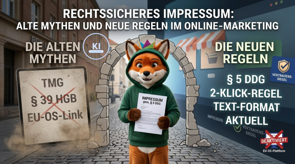 Illustration zum Thema „Rechtssicheres Impressum: Alte Mythen und neue Regeln im Online-Marketing“. In der Mitte steht ein Fuchs im grünen Hoodie, der ein Dokument mit der Aufschrift „Impressum gem. § 5 DDG“ hält. Links sind überholte Vorgaben wie „TMG“, „§ 39 HGB“ und „EU-OS-Link“ durchgestrichen. Rechts werden aktuelle Regeln wie „§ 5 DDG“, „2-Klick-Regel“, „Text-Format“ und „Impressum aktuell“ dargestellt. Im Hintergrund ist eine städtische Gasse mit einem Torbogen zu sehen; oben steht ein Hinweis auf ein KI-generiertes Bild.