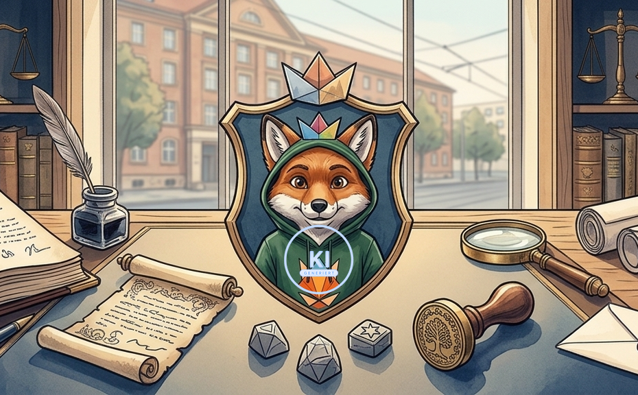 Illustration eines stilisierten juristischen Arbeitszimmers. In der Mitte befindet sich ein Wappen mit einem Fuchs im grünen Hoodie und einem „KI Generiert“-Hinweis. Auf dem Schreibtisch liegen ein aufgeschlagenes Buch mit der Aufschrift „Bürgerrecht“, Schriftrollen, Dokumente, Siegelstempel, ein Tintenfass mit Feder, eine Lupe und ein Globus. Im Hintergrund stehen Bücherregale mit juristischen Büchern und Symbolen wie Waage und Schiff. Durch die Fenster ist eine städtische Häuserfassade zu sehen.